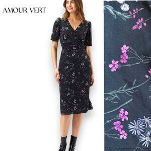 Amour Vert Nicolette Dress Washable Silk in Caroline Black Floral Wrap | Sz L
